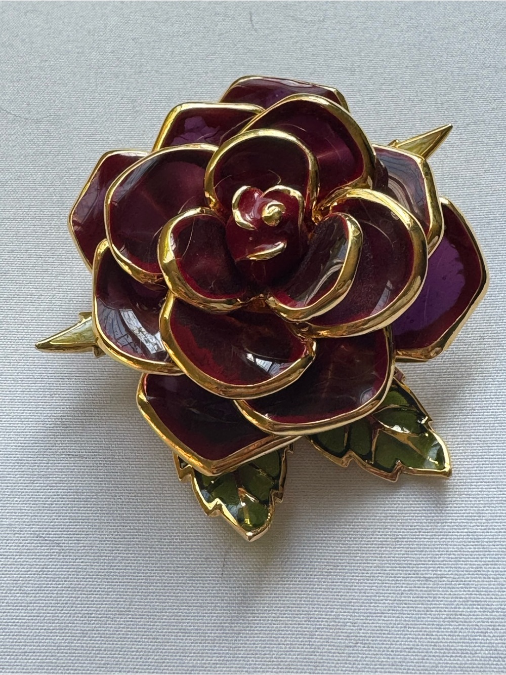 Joan Rivers Gold-Tone Deep Red Rose Enamel Brooch with Green Leaves